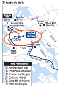 A classic "lollipop" route structure: the Parklands loop on the Victoria Regional Transit System's 24 Admirals Walk route. (Base Map: BC Transit)