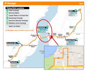 Westbound routing of Kelowna's 97 Okanagan routing turns a would-be lollipop into forward momentum.  Base maps: BC Transit, Google